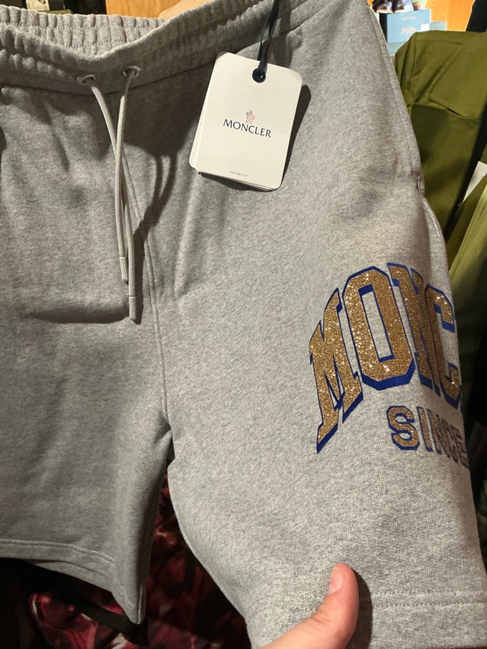 Moncler Gray Athletic Shorts with Gold & Blue Lettering